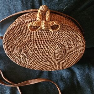 Vintage Boho Oval Rattan Crossbody Purse Leather Strap Knot Closure